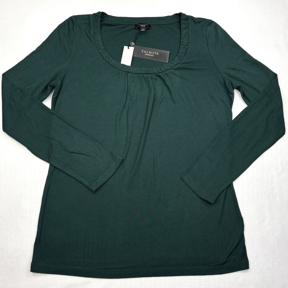 Talbots NWT Shirt Womens Petite Small Green Long Sleeve Ruched Scoop Neck Top PS